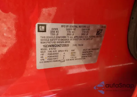 2017 Chevrolet Silverado K1500 Lt z USA, uszkodzony, nr VIN 1GCVKREC6HZ120609